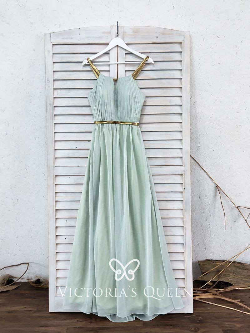 dusty green crepe chiffon with gold straps long bridesmaid dress