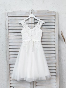 white lace and tulle short bridal dress