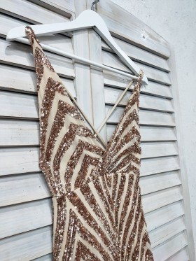 deep V neckline gold sequin dress