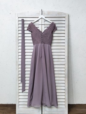 dusk lace and chiffon V neck long bridesmaid dress