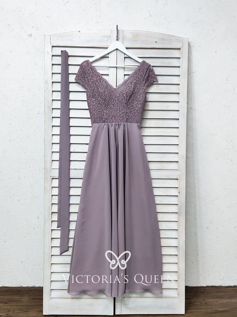 dusk lace and chiffon classic A line long bridesmaid dress