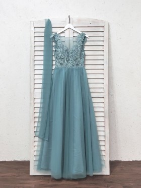 dusty blue lace and tulle A line long bridesmaid dress dusty blue lace and tulle A line long bridesmaid dress