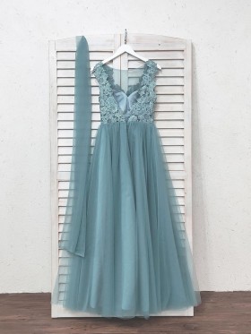 dusty blue lace and tulle bridesmaid dress