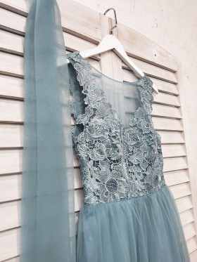 dusty blue lace and tulle illusion bodice bridesmaid dress