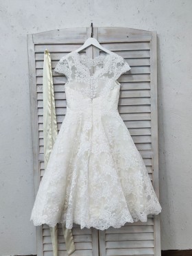 illusion lace back tea length bridal gown illusion lace back tea length bridal gown