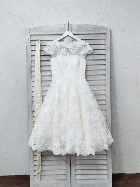ivory lace overlay tea length wedding dress