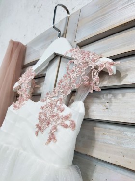 pearl pink lace appliqued flower girl dress