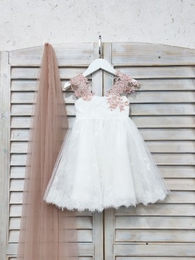 pearl pink lace appliqued ivory lace tulle flower girl dress