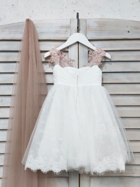 pearl pink lace appliqued lace tulle flower girl dress