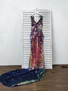sparkly rainbow sequin long train prom dress