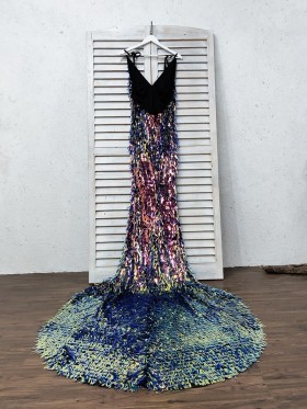 sparkly rainbow sequin prom dress with long train