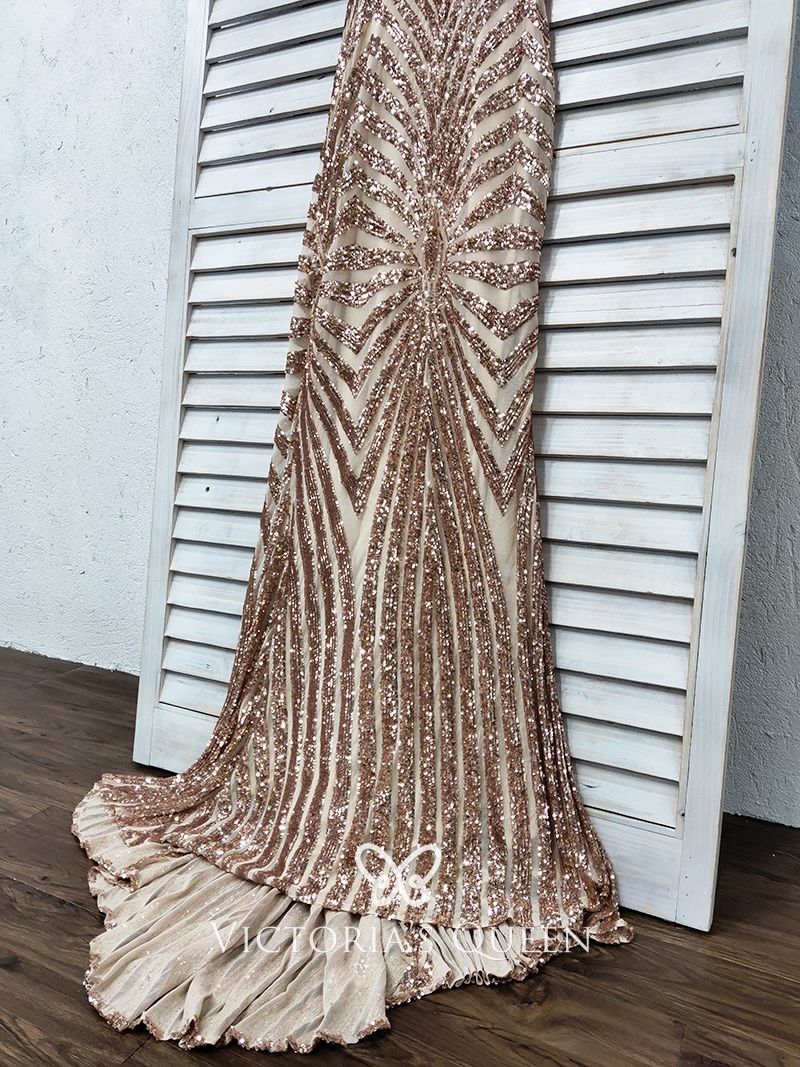 VQ Unusual Rose Gold Striped Sequin V-neck Long Prom Gown