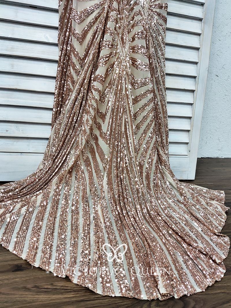 VQ Unusual Rose Gold Striped Sequin V-neck Long Prom Gown