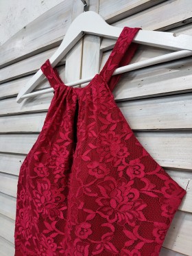 burgundy lace halter neck dress