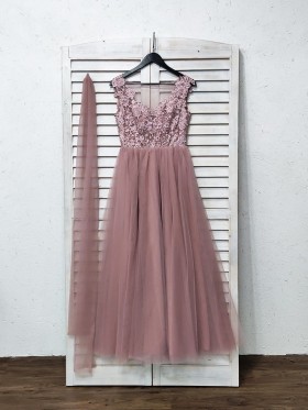 mauve lace and tulle classic A line long bridesmaid dress