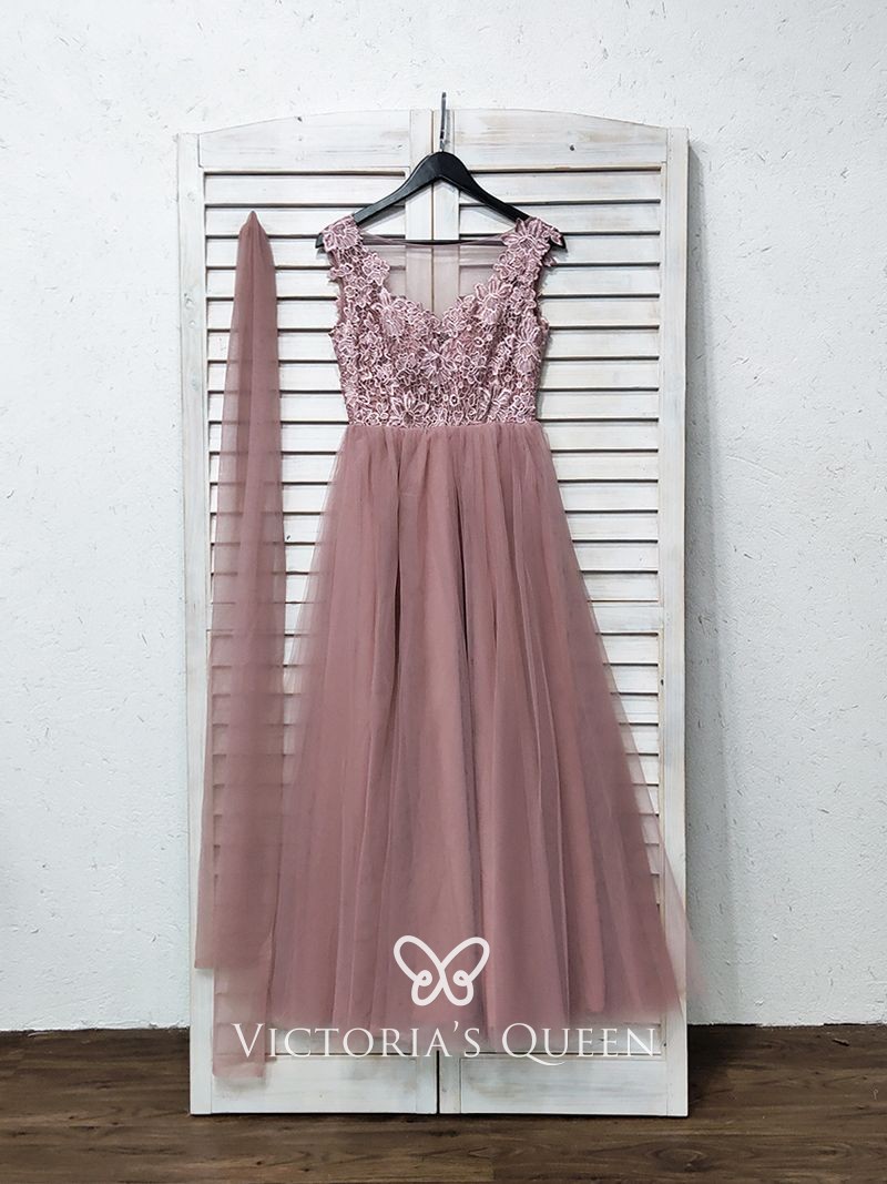 mauve lace and tulle classic A line long bridesmaid dress