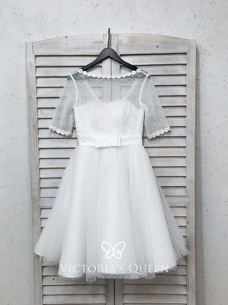 retro style half sleeve tea length bridal gown