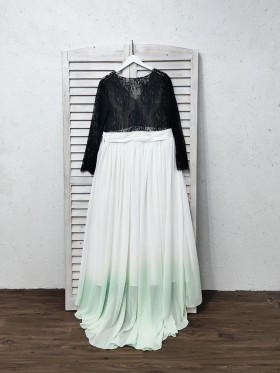 white to green ombre chiffon with black lace bridal dress