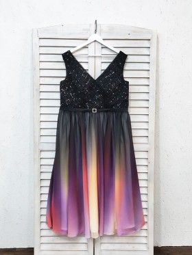 shimmering beaded black to red and purple ombre chiffon dress