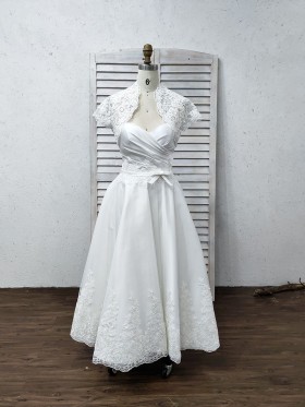 vintage lace and satin tea length wedding dress with jacket vintage lace and satin tea length wedding dress with jacket