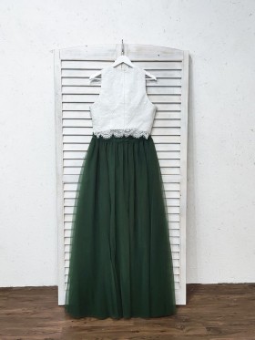 white and dark green 2 tone long dress