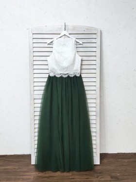 white lace and dark green tulle A line long bridesmaid dress