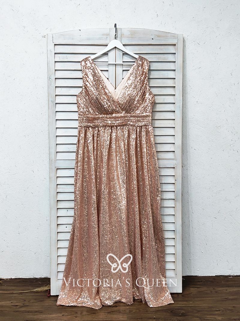 gold sequin V neck long bridesmaid dress