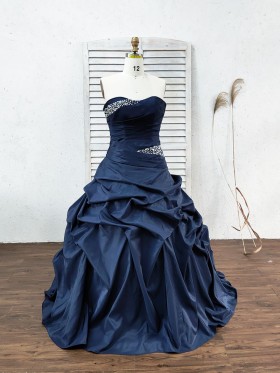 beaded strapless pick up navy blue taffeta ball gown