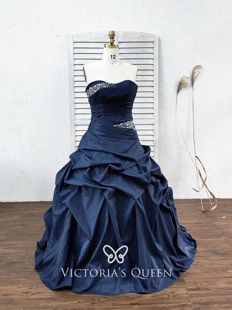 beaded strapless pick up navy blue taffeta ball gown