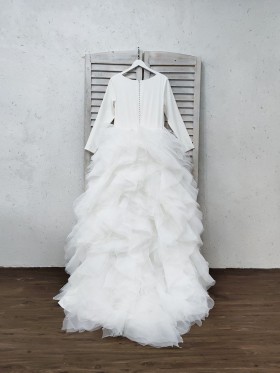 jersey and ruffled organza wedding gown with long sleeves jersey and ruffled organza wedding gown with long sleeves