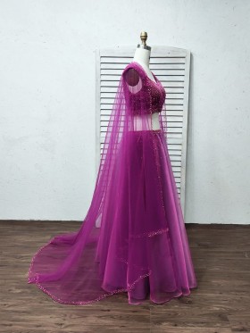 orchid pearled prom dress with chapel length veil