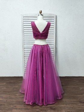 orchid satin and tulle V back prom gown orchid satin and tulle V back prom gown