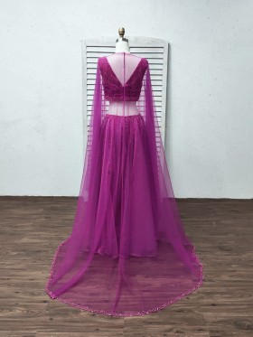 orchid satin and tulle prom dress with chapel length veil orchid satin and tulle prom dress with chapel length veil