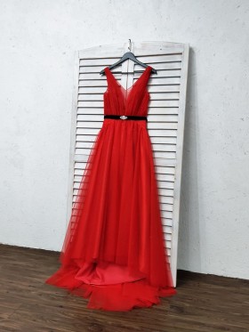 shimmer red tulle A line long formal dress with beaded black belt