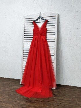 shimmer red tulle formal dress with short train