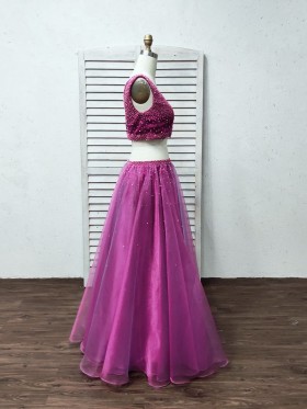 two piece orchid satin and tulle prom gown