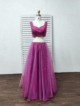 two piece pearled orchid satin and tulle long prom gown