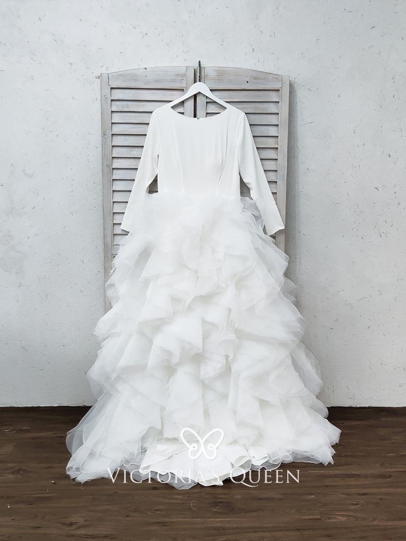 white jersey and ruffled organza wedding gown