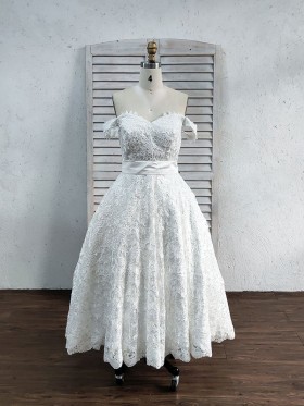 off the shoulder ivory lace tea length wedding gown