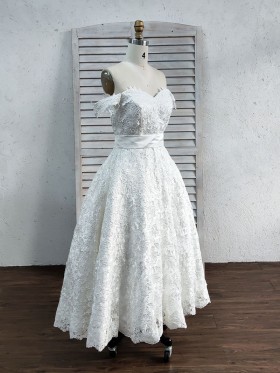 off the shoulder sweetheart lace tea length bridal gown