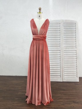 Multiway rose velvet A line long bridesmaid dress