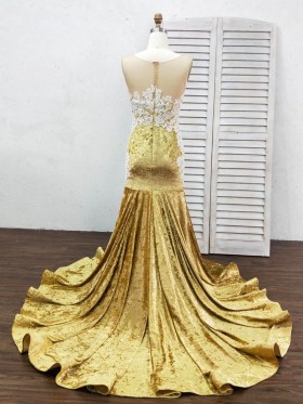 crystal gold velvet long train prom dress