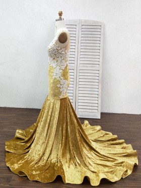 crystal gold velvet with white lace applique prom dress