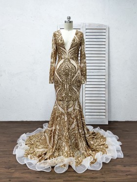 gold sequin with white ruffle hem long train prom dress gold sequin with white ruffle hem long train prom dress