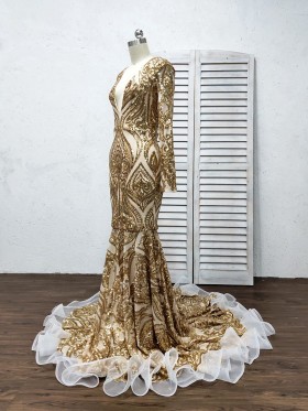 long sleeve V neck gold sequin prom dress long sleeve V neck gold sequin prom dress