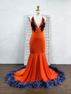 orange dress with navy feather long train orange dress with navy feather long train