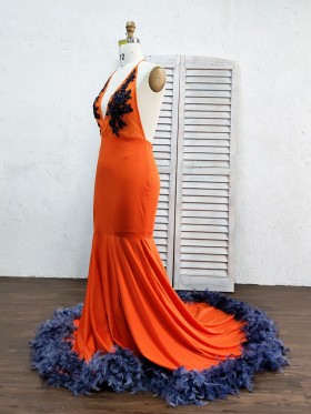 orange prom dress with navy feather long train orange prom dress with navy feather long train