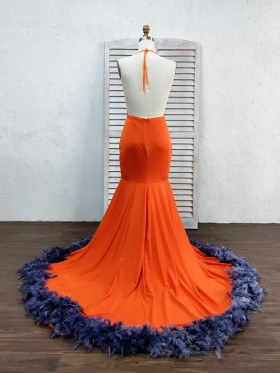 orange prom dress with navy feather trimmed long train orange prom dress with navy feather trimmed long train