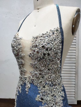 beaded lace appliqued plunging neckline prom dress