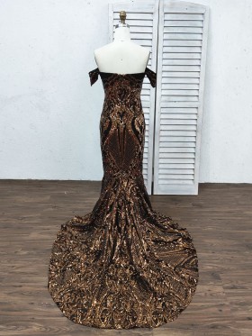 gold sequin with black lining long train prom dress